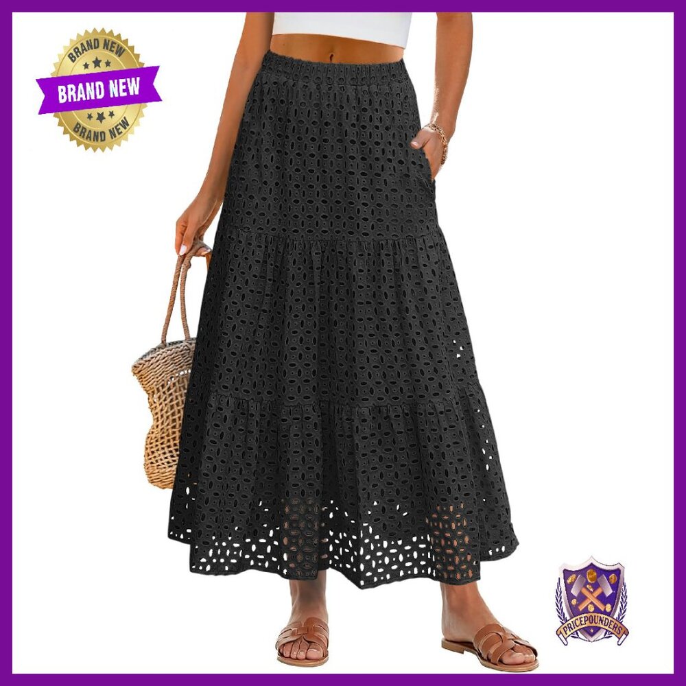 Rayon Maxi Skirt High Waist Tiered Eyelet A-Line Boho Summer